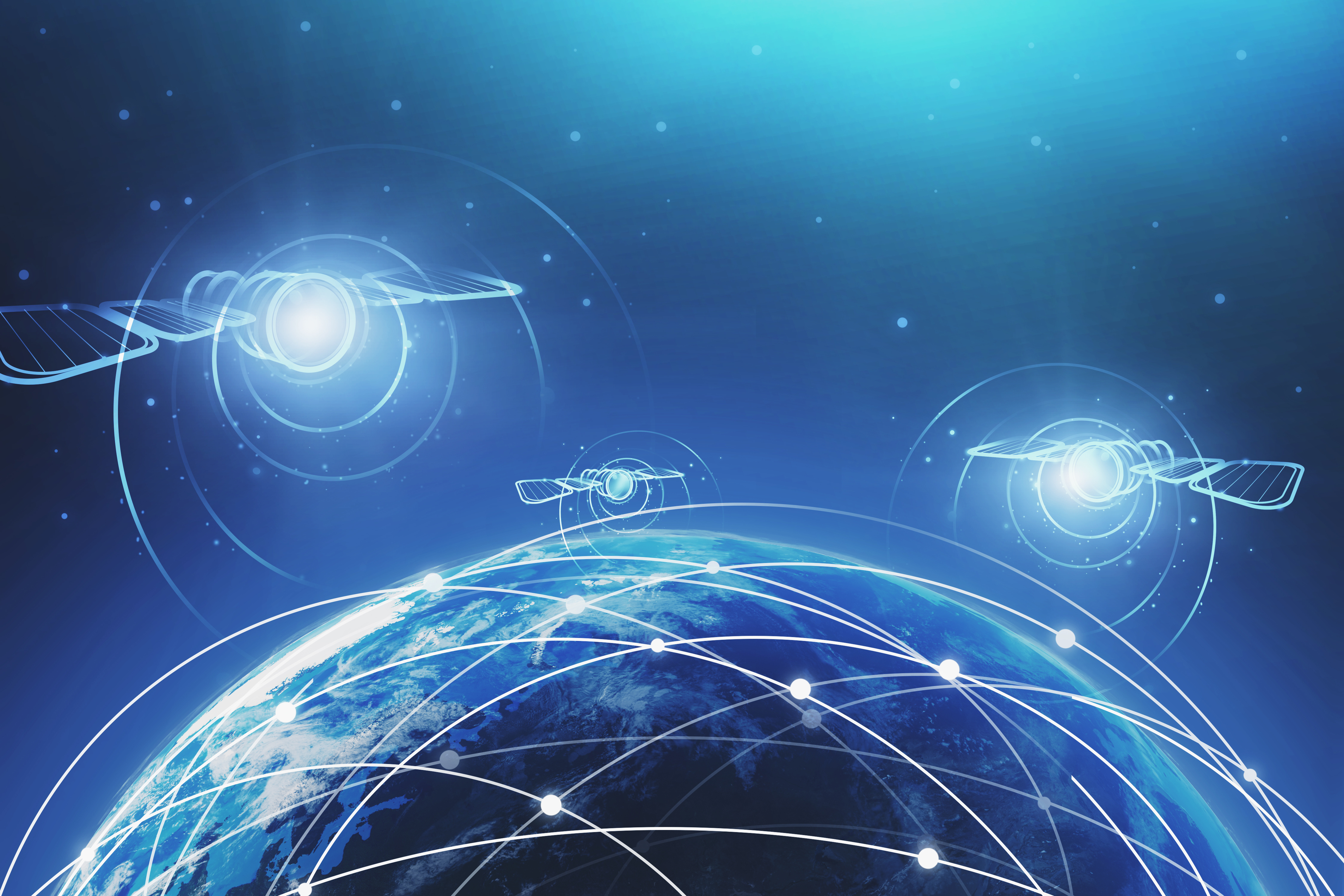 Three glowing satellite holograms above planet Earth with network connection. Concept of telecommunication and hi tech. Toned image. Elements of this image furnished by NASA. 3d render illustration.